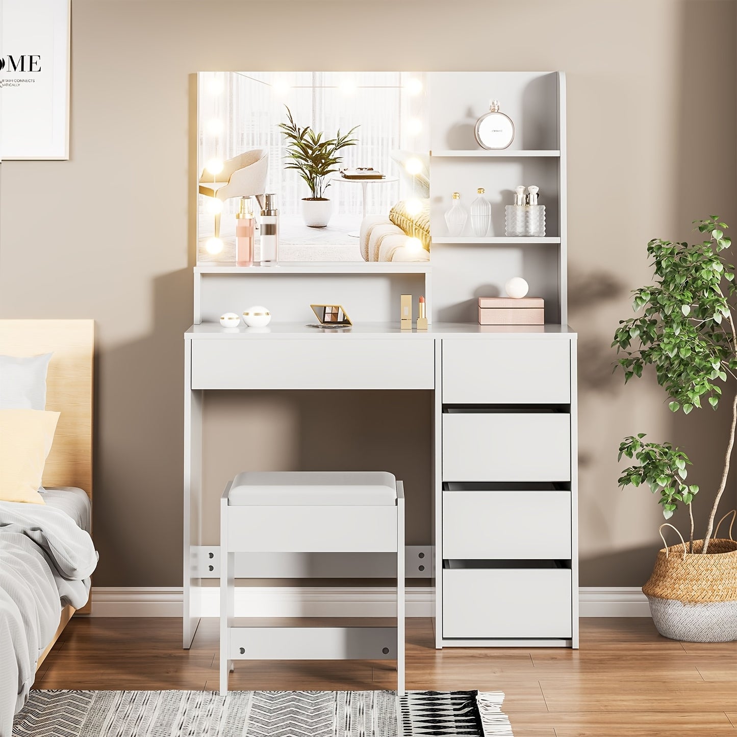 Make-up Tafel – Kaptafel – Schminktafel – Dressing Table – Beauty Tafel – Witte Metalen Kaptafel – LED Spiegel Met 3 Lichtstanden – Inclusief Comfortabele Kruk