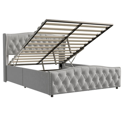 Tweepersoonsbed – Bed met Opbergruimte – Opbergbed – Boxspring – Staanderbed – Grijs 160x200 cm – Stevig MDF Frame – Luxe Fluwelen Bekleding