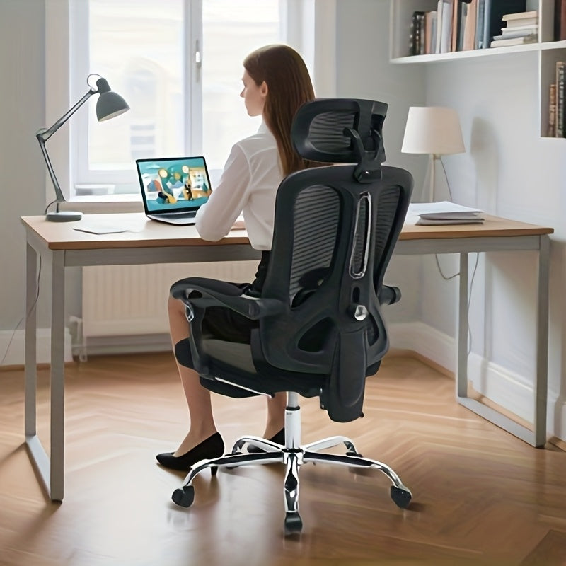 Bureaustoel – Ergonomische Stoel – Kantoorstoel – Office Chair – Draaistoel – Memory Foam Zitting – Verstelbare Lendensteun & Inklapbare Voetsteun – Metalen Frame – Zwart
