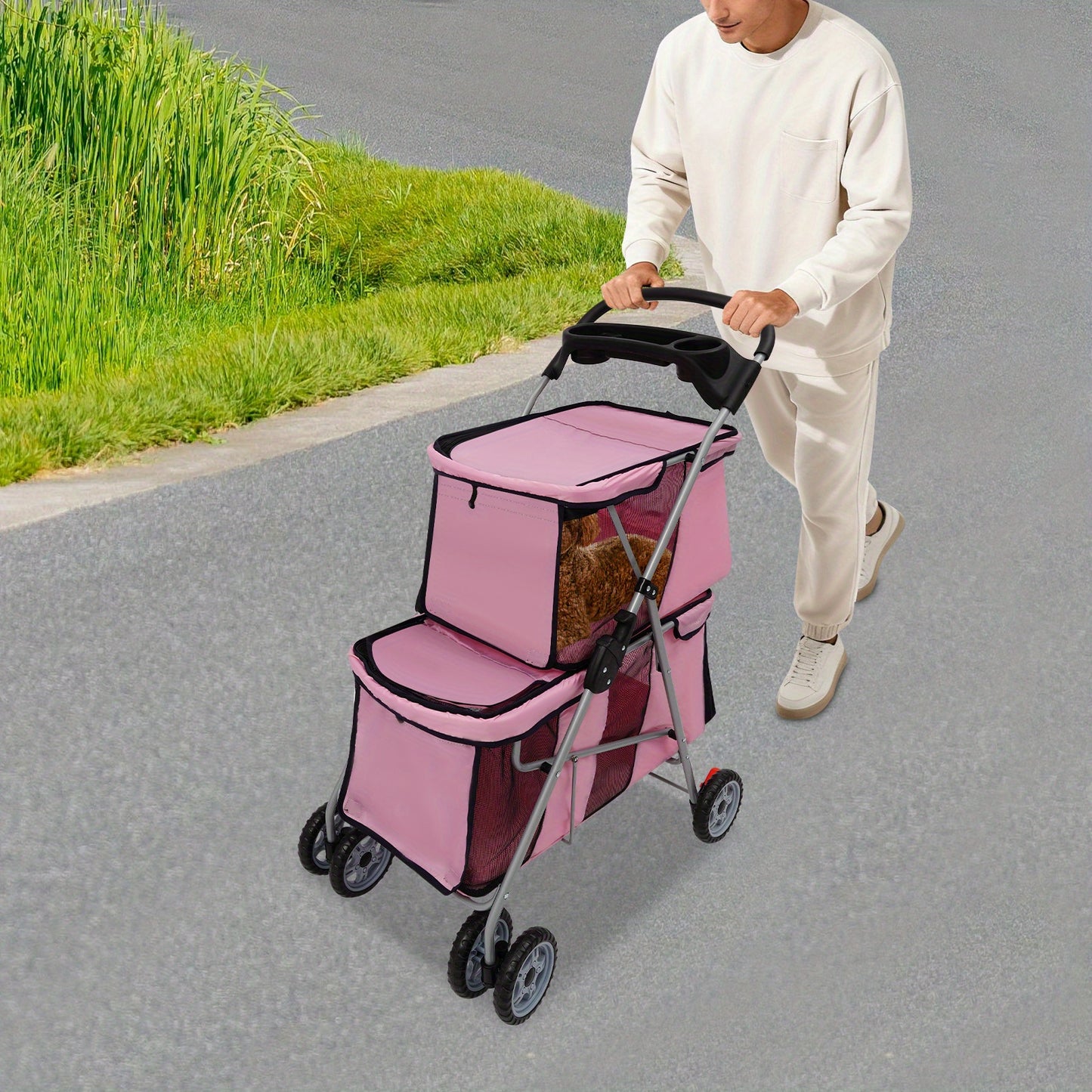 55*69*101cm Double-Tier Pet Stroller - Foldable, Durable Aluminum & Polyester Construction, Spacious Design with 4-Wheel Mobility, Easy to Use for Small & Medium Dogs