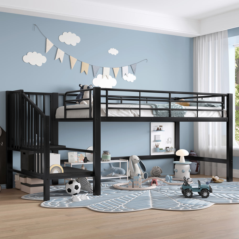 Hoogslaper – Bedframe – Mid-hoogslaper – Stapelbed – Kinderbed – 90x200 cm – Zwarte Opbergladder – Ruimtebesparend Design
