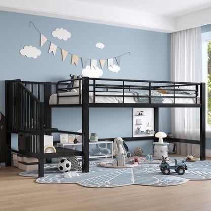Hoogslaper – Bedframe – Mid-hoogslaper – Stapelbed – Kinderbed – 90x200 cm – Zwarte Opbergladder – Ruimtebesparend Design