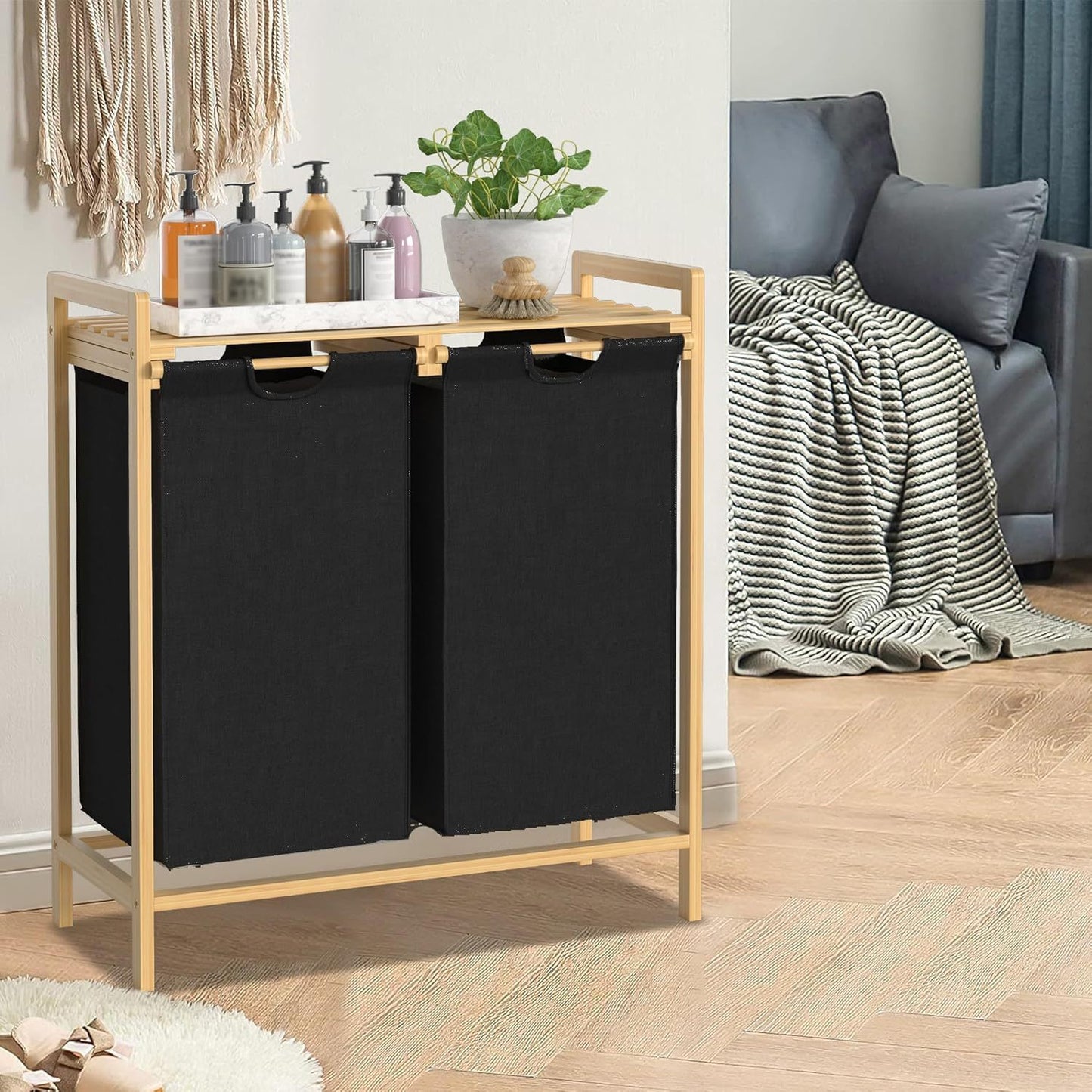 Wasmand – Wasbak – Wasopbergbak – Wasbox – Wascontainer – 2 x 36L Oxford Stof – Stevig Bamboe Frame Met Plank