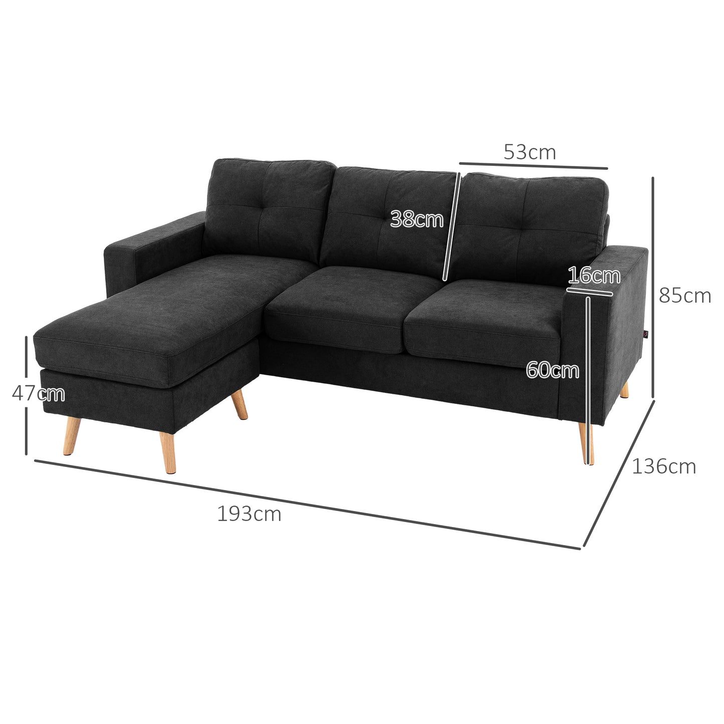 Hoekbank – 3-Zitsbank – Sofa – Loungebank – Chaise Longue – Zwart – Button Tufting – Compacte Afmetingen 193x136x85 CM