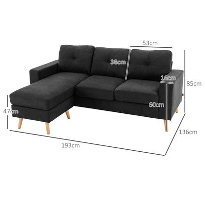 Hoekbank – 3-Zitsbank – Sofa – Loungebank – Chaise Longue – Zwart – Button Tufting – Compacte Afmetingen 193x136x85 CM