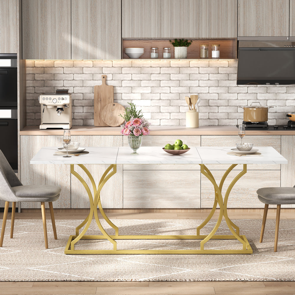 Eettafel – Dinertafel – Tafel – Keukentafel – Eetkamertafel – Extra Lang 200x80 cm – Marmerlook Blad 2,5 cm – Gouden Metalen Poten