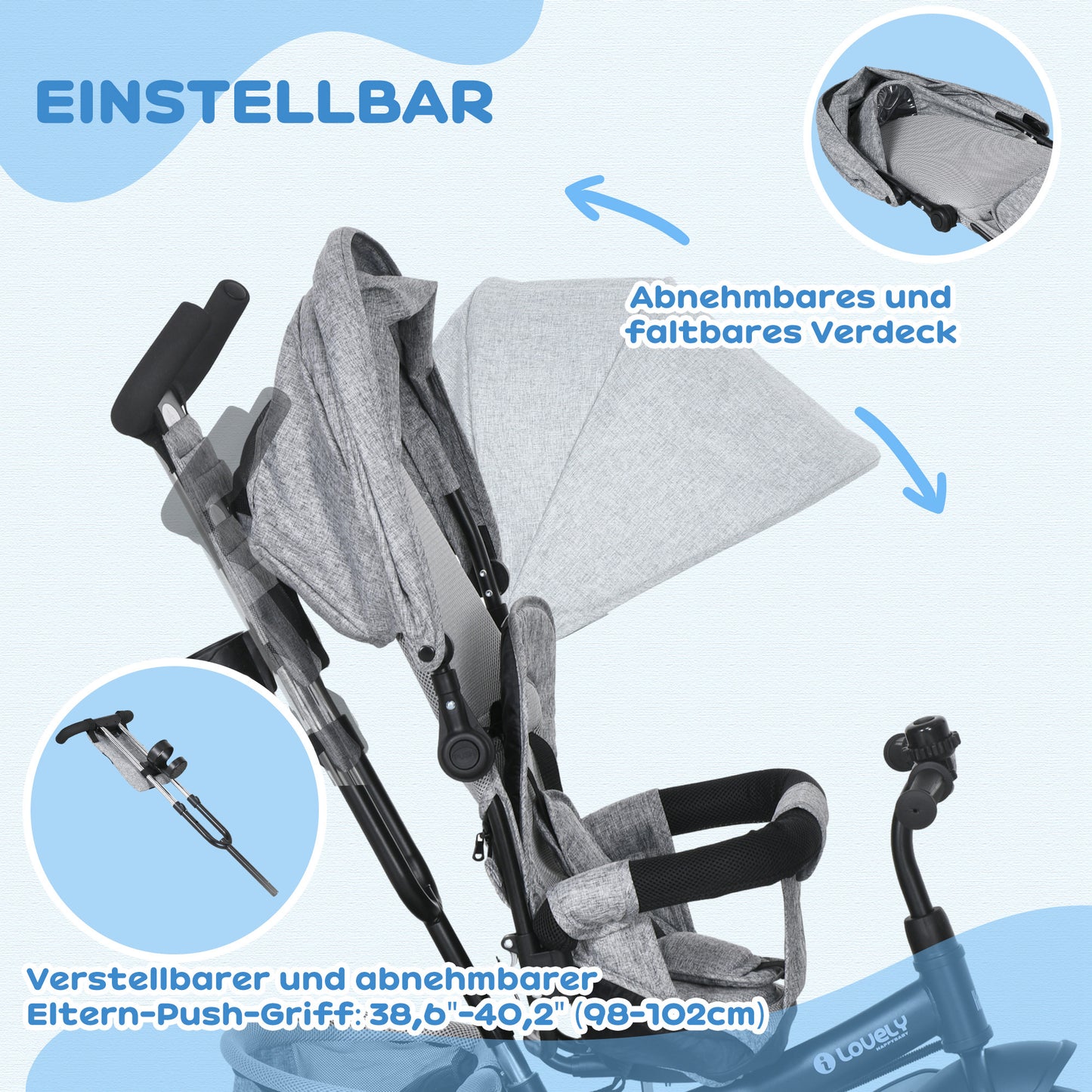 Kinderdriewieler – Driewieler Voor Kinderen – Kinderfiets – Loopfiets – Fiets Met Bekerhouder – Grijs – Met Stevig Metalen Frame – Beschermend Zonnescherm