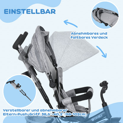 Kinderdriewieler – Driewieler Voor Kinderen – Kinderfiets – Loopfiets – Fiets Met Bekerhouder – Grijs – Met Stevig Metalen Frame – Beschermend Zonnescherm