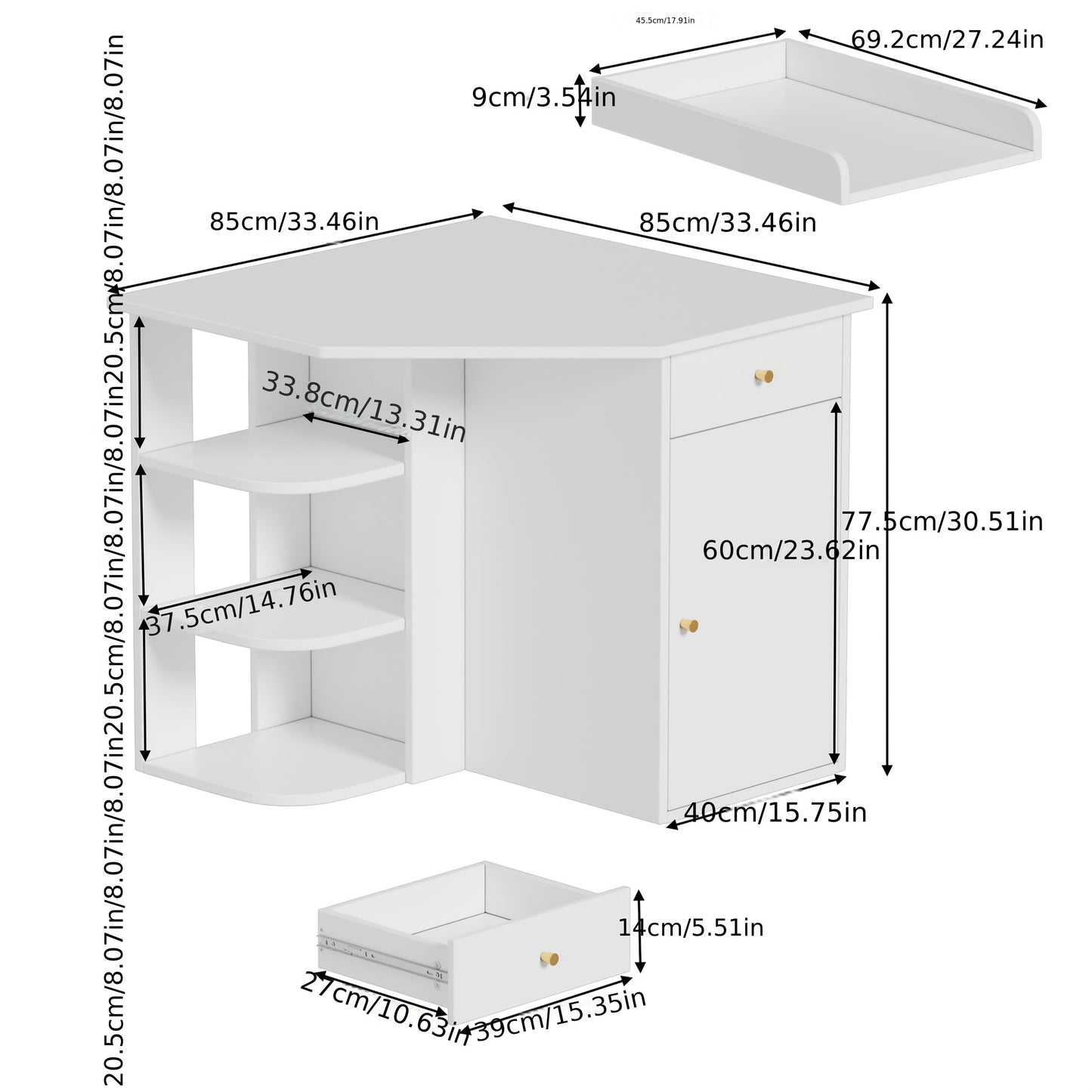Opbergkast Hoekkast Kast Ladenkast Opbergmeubel – Wit Modern Design – Duurzaam Hout & Metaal – 85x85x77,5 cm – Slimme Ruimtebesparing