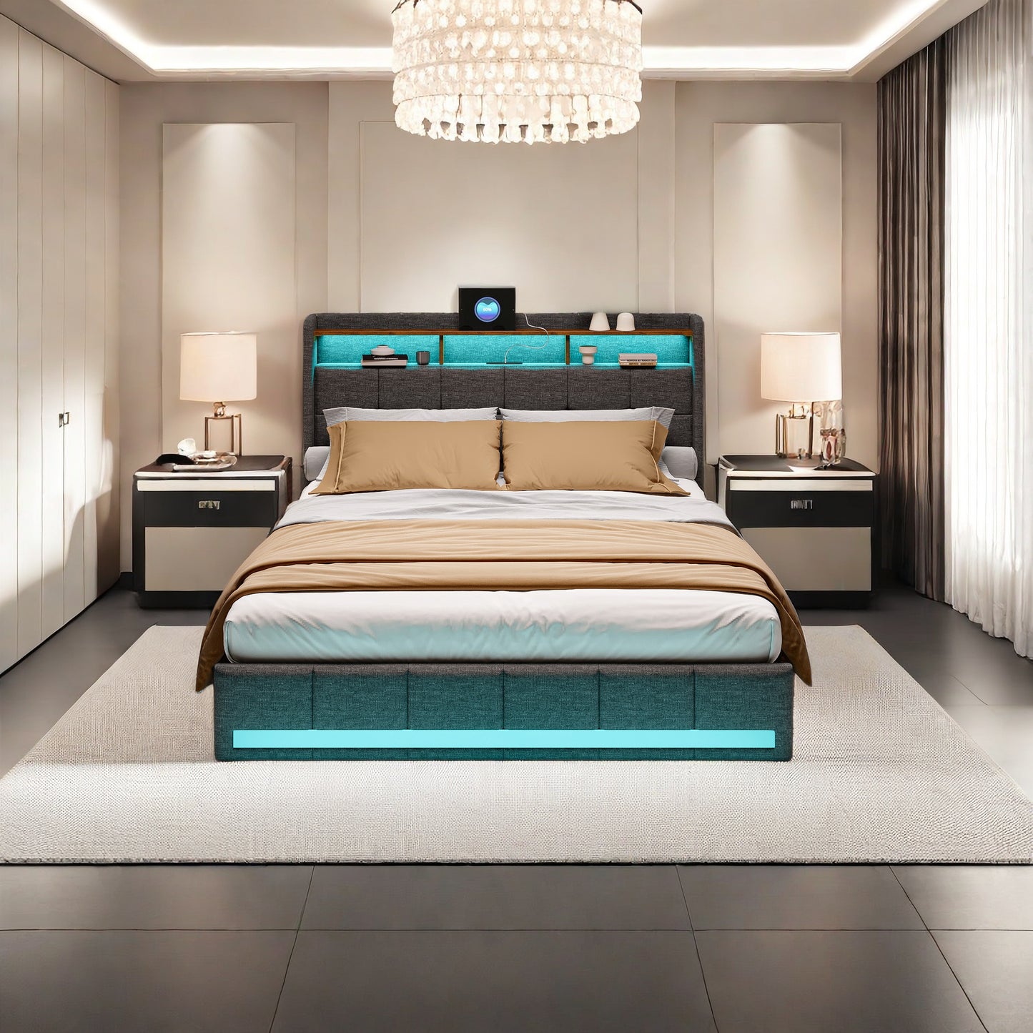 Bedframe – Tweepersoonsbed – Gestoffeerd Bed – Opbergbed – Bed met Laden – LED-verlichting – USB-oplaadfunctie – 160x200 cm – Grijze Linnen Bekleding