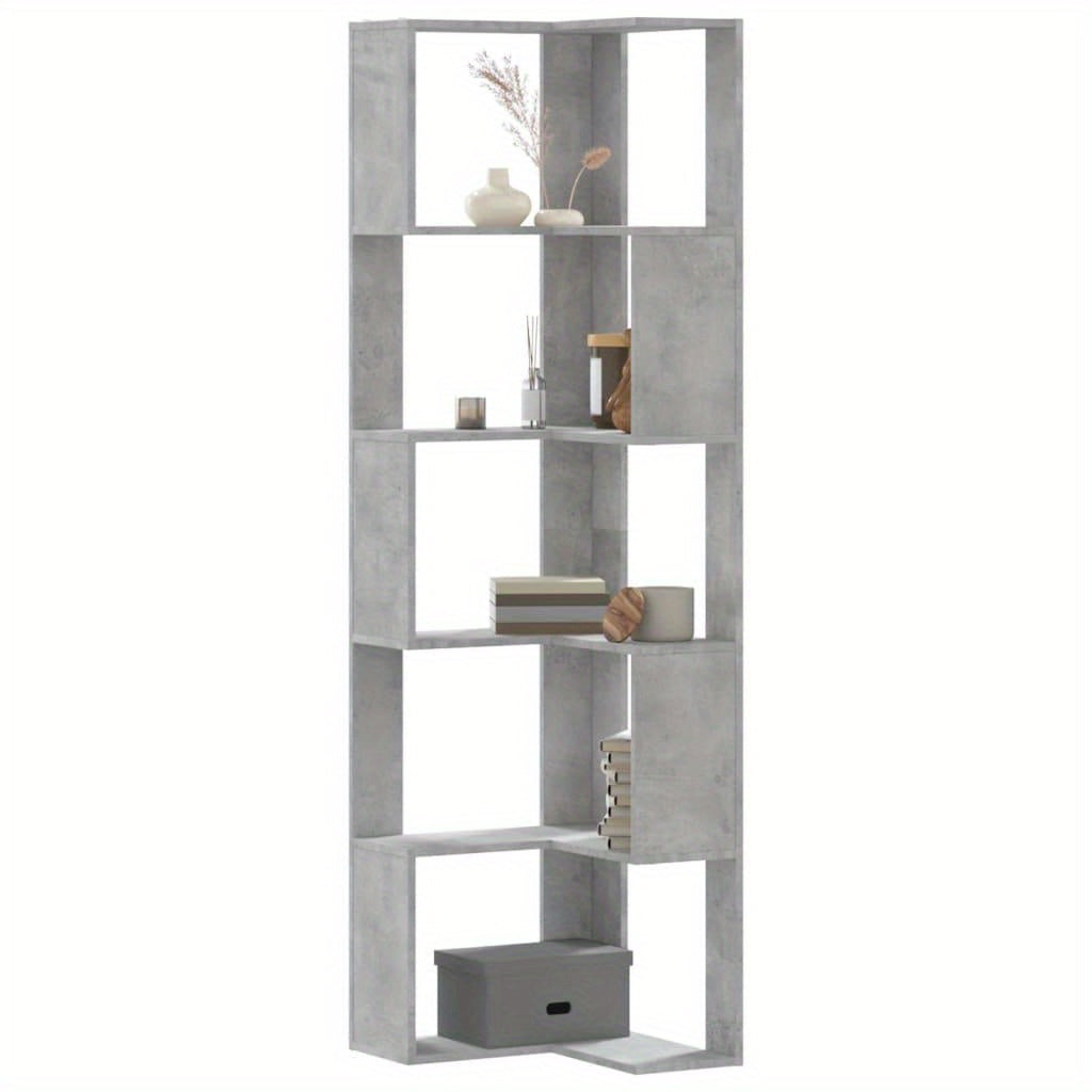 Hoekboekenplank – Boekenkast – Hoekkast – Wandrek – Opbergmeubel – Betonlook Grijs – 5 Planken – 50x50x179 cm – Hout en Kunstboard