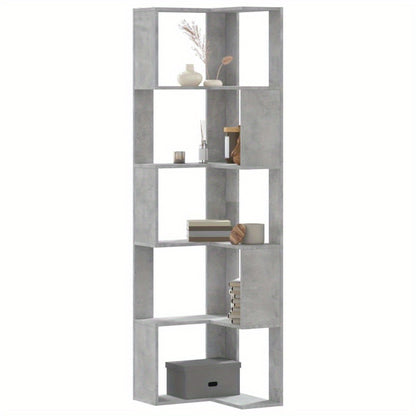Hoekboekenplank – Boekenkast – Hoekkast – Wandrek – Opbergmeubel – Betonlook Grijs – 5 Planken – 50x50x179 cm – Hout en Kunstboard