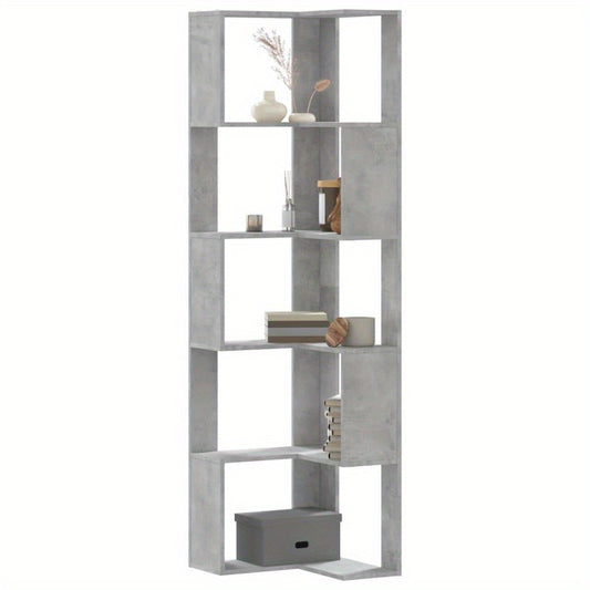 Hoekboekenplank – Boekenkast – Hoekkast – Wandrek – Opbergmeubel – Betonlook Grijs – 5 Planken – 50x50x179 cm – Hout en Kunstboard