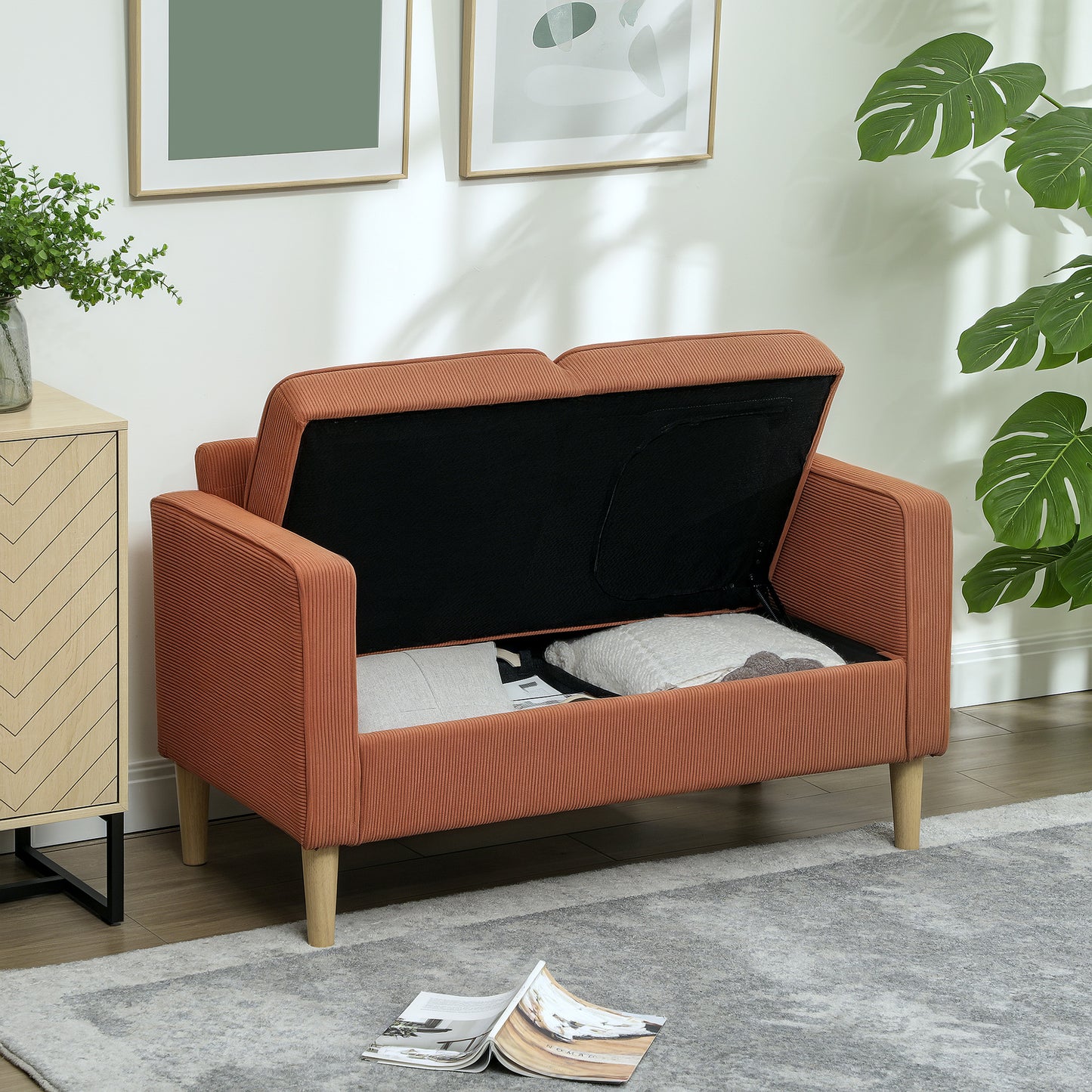 2-zitsbank – tweezitsbank – loveseat – kleine bank – canapé – met bergruimte en armleuningen – roze corduroy stof – massief houten frame – 117x63x79 cm
