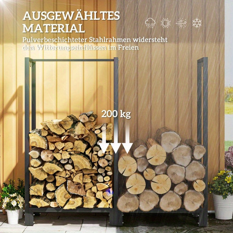 Vuurhoutrek – Houtopslag – Houtstapelrek – Houtdrager – Houtrek – Stalen Constructie – 200 kg Capaciteit – 2 Secties – Inclusief 3 Haken – Zwart – Binnen en Buiten
