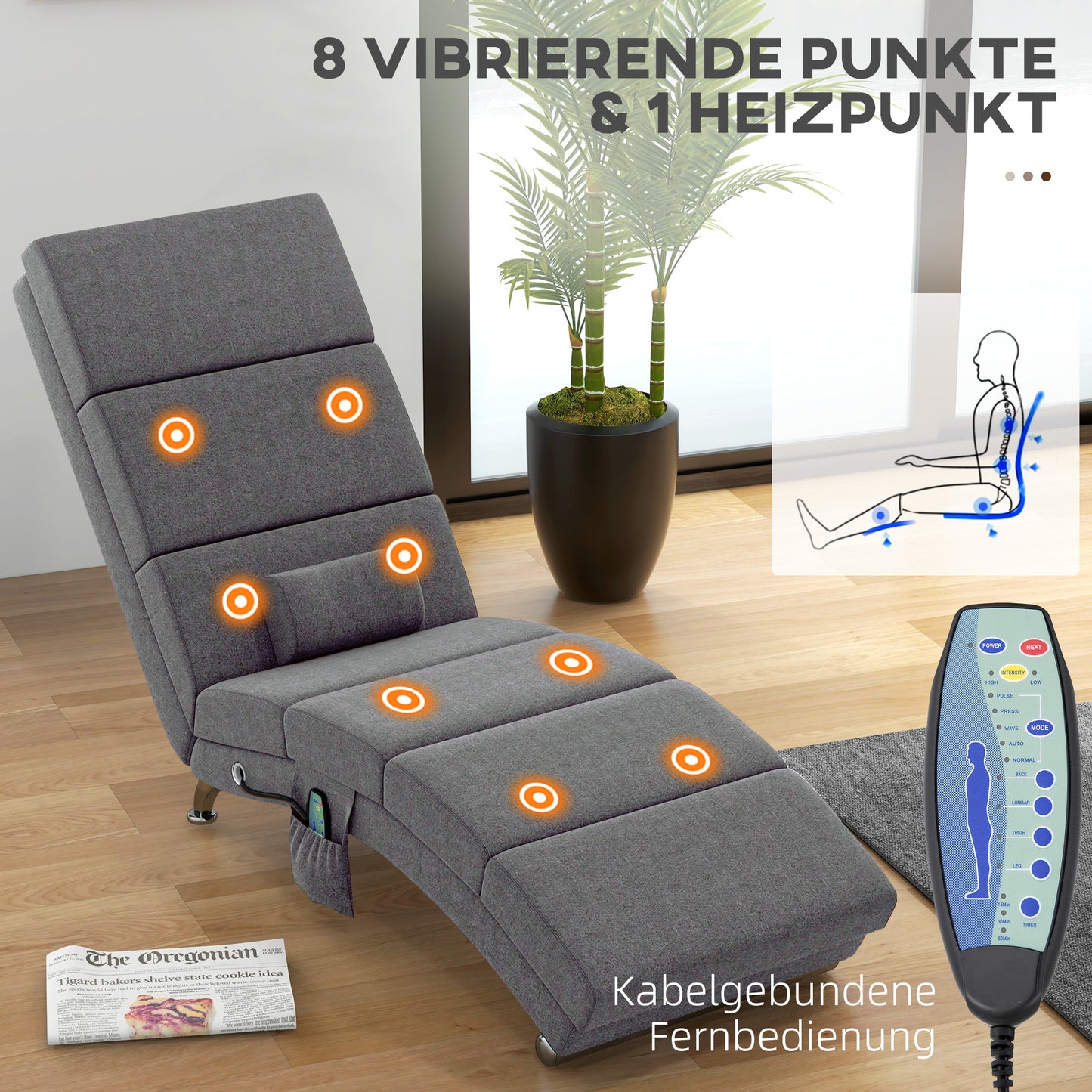 Massage Relaxfauteuil – Relaxstoel – Ligstoel – Fauteuil – Verstelbare Stoel – Donkergrijs – 8 Vibratiepunten – 5 Massagemodi – Ruime Afmetingen 56x168x84 cm