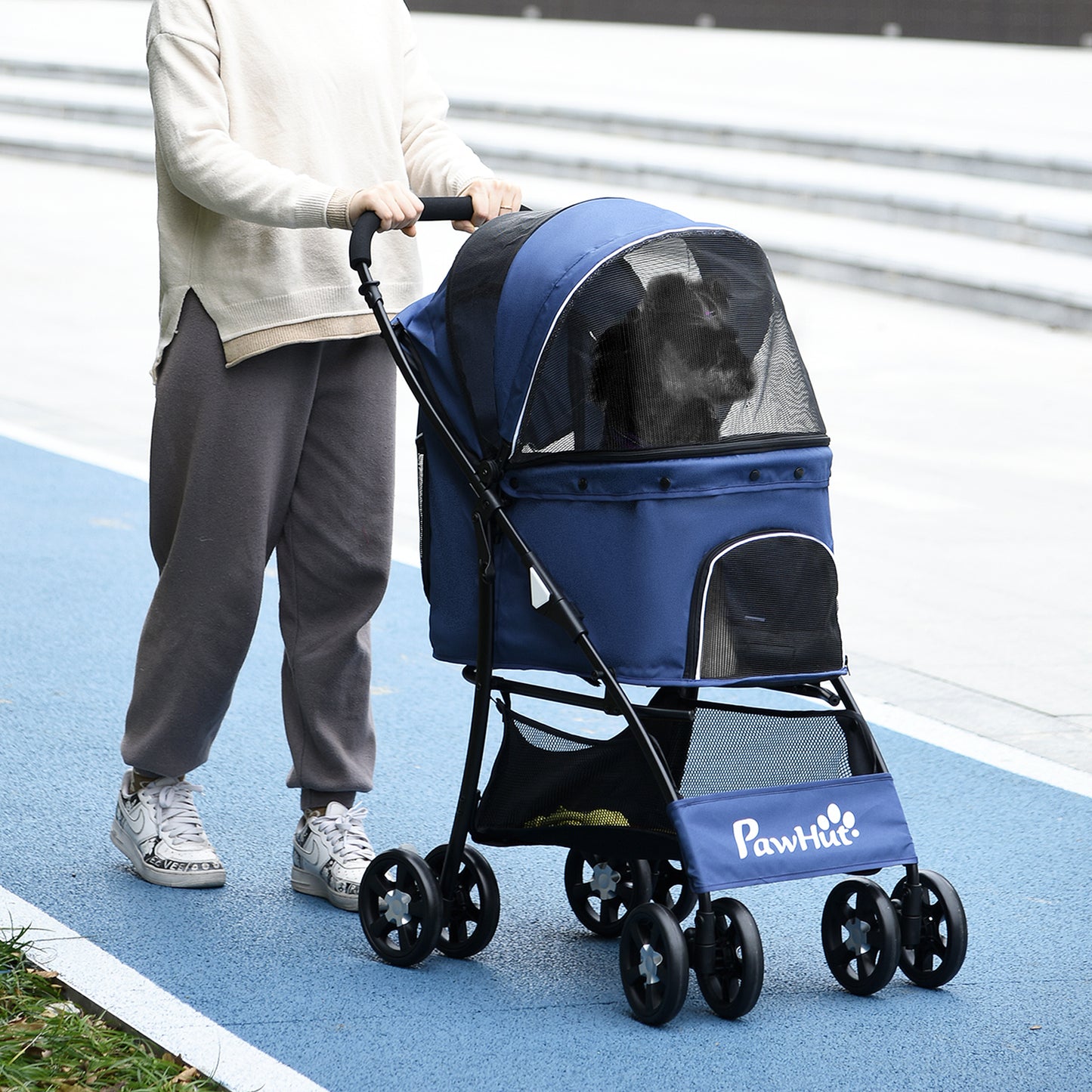 Huisdierwagen – Dierenwagen – Hondenbuggy – Kattenbuggy – Wandelwagen – Opvouwbaar – 600D Oxford Polyester – 4 Wielen – Met Opbergruimte – Blauw