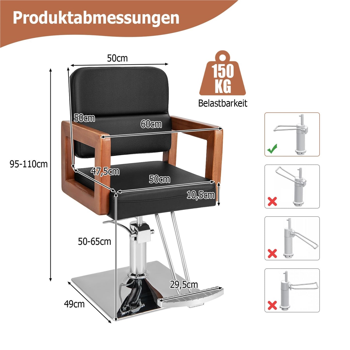Kappersstoel – Barbershop Stoel – Salonstoel – Kapperskruk – Barberkruk – 360° Draaibaar – Verstelbare Zithoogte 50-65 cm – Belastbaar Tot 150 kg – Hydraulische Pomp – Houten Armleuningen