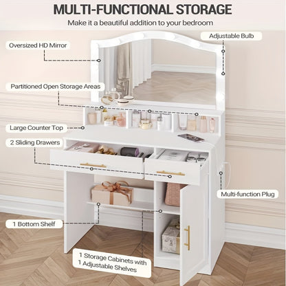 Makeuptafel – Kaptafel – Cosmeticatafel – Vanitafel – Schminktafel – Wit – LED-Verlichting – Oplaadstation – 2 Laden – 1 Kastje – Gouden Handgrepen – Spaanplaat