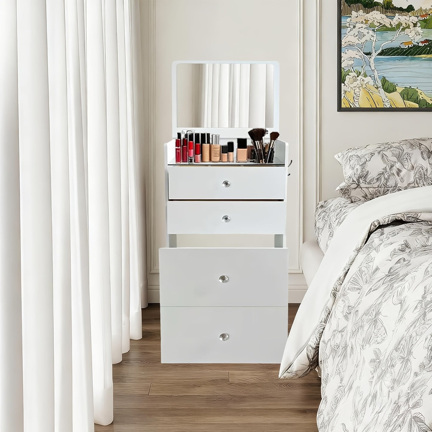 Witte Make-up Tafel – Kaptafel – Vanity Desk – Schminktisch – Dressing Table – Met Spiegel En Rollende Kruk – 2 Laden Met Glasplaat – Ruimtebesparend Zonder Montage