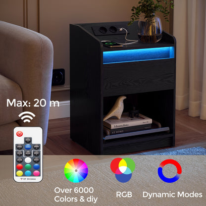 Nachtkastje – Bedside Table – Bijzettafel – Opberglade – Sfeerverlichting – Met LED-Verlichting En Oplaadstation – 2 USB-Poorten En Stopcontacten – Set Van 2 – 35x40x58 Cm – Stevig Hout – Zwart