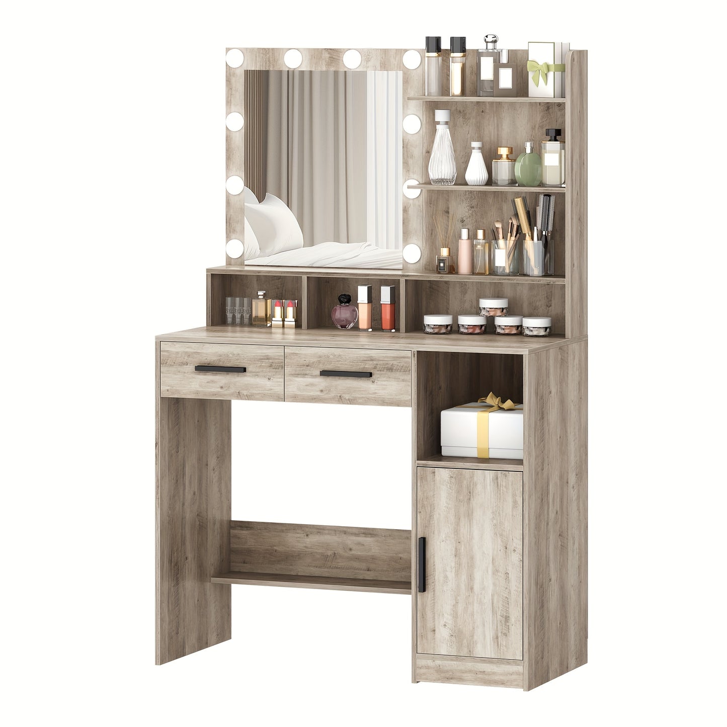 Makeuptafel – Kaptafel – Cosmeticatafel – Vanitafel – Make-up tafel – Verlichte Spiegel Met 10 LED – 90x40x140 cm Hout