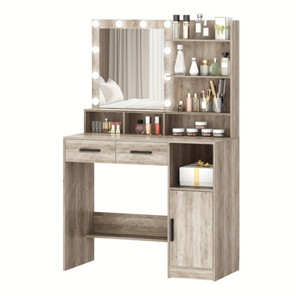 Makeuptafel – Kaptafel – Cosmeticatafel – Vanitafel – Make-up tafel – Verlichte Spiegel Met 10 LED – 90x40x140 cm Hout