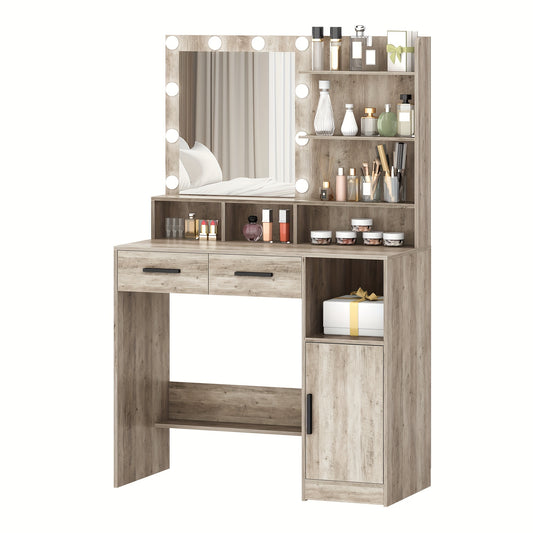 Makeuptafel – Kaptafel – Cosmeticatafel – Vanitafel – Make-up tafel – Verlichte Spiegel Met 10 LED – 90x40x140 cm Hout
