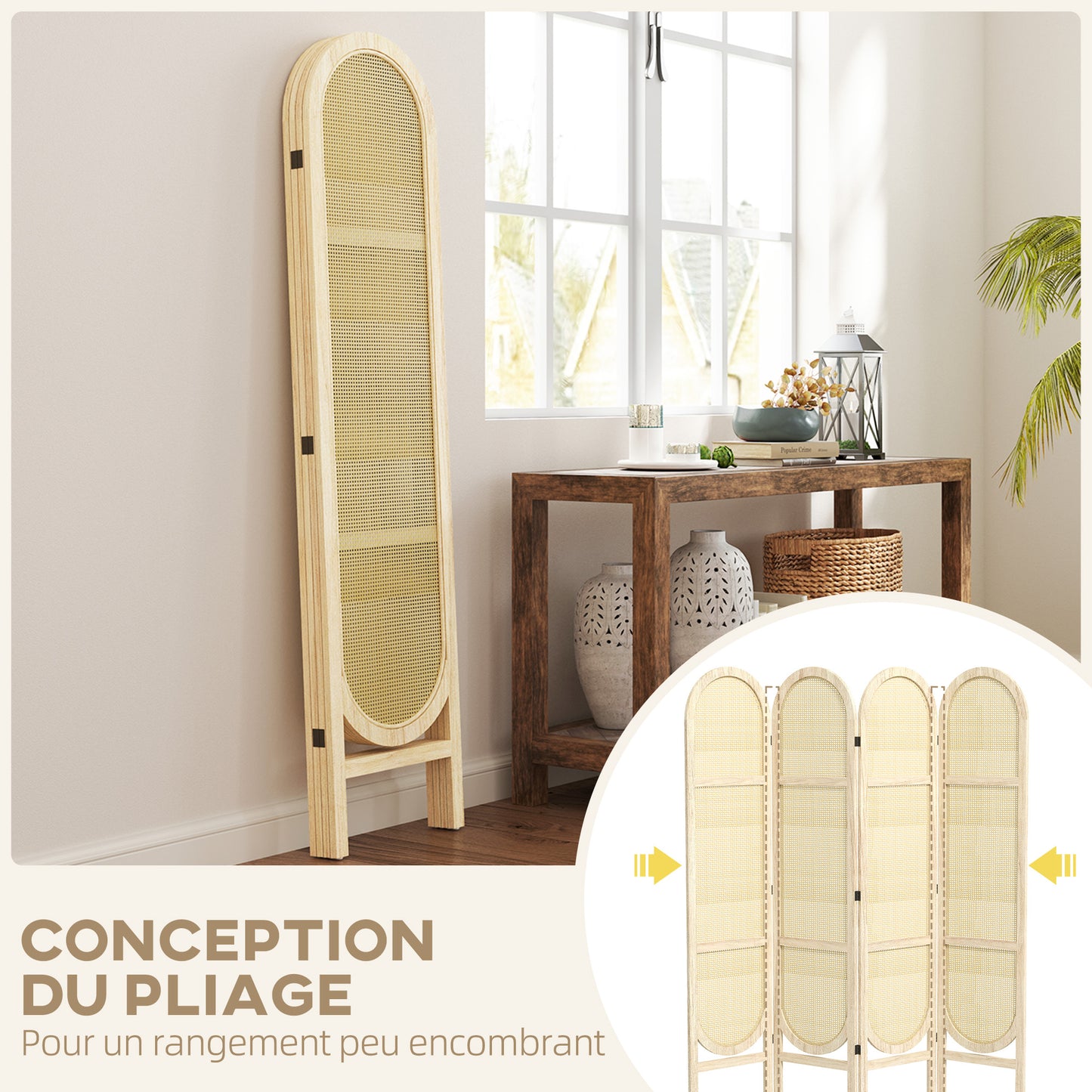 Roomdivider Houten Scherm – Kamerscherm – Scheidingswand – Room Divider – 4 Panelen – Opvouwbaar en Draagbaar – 170 x 160 cm – Natuurlijk Hout en Handgeweven Patroon