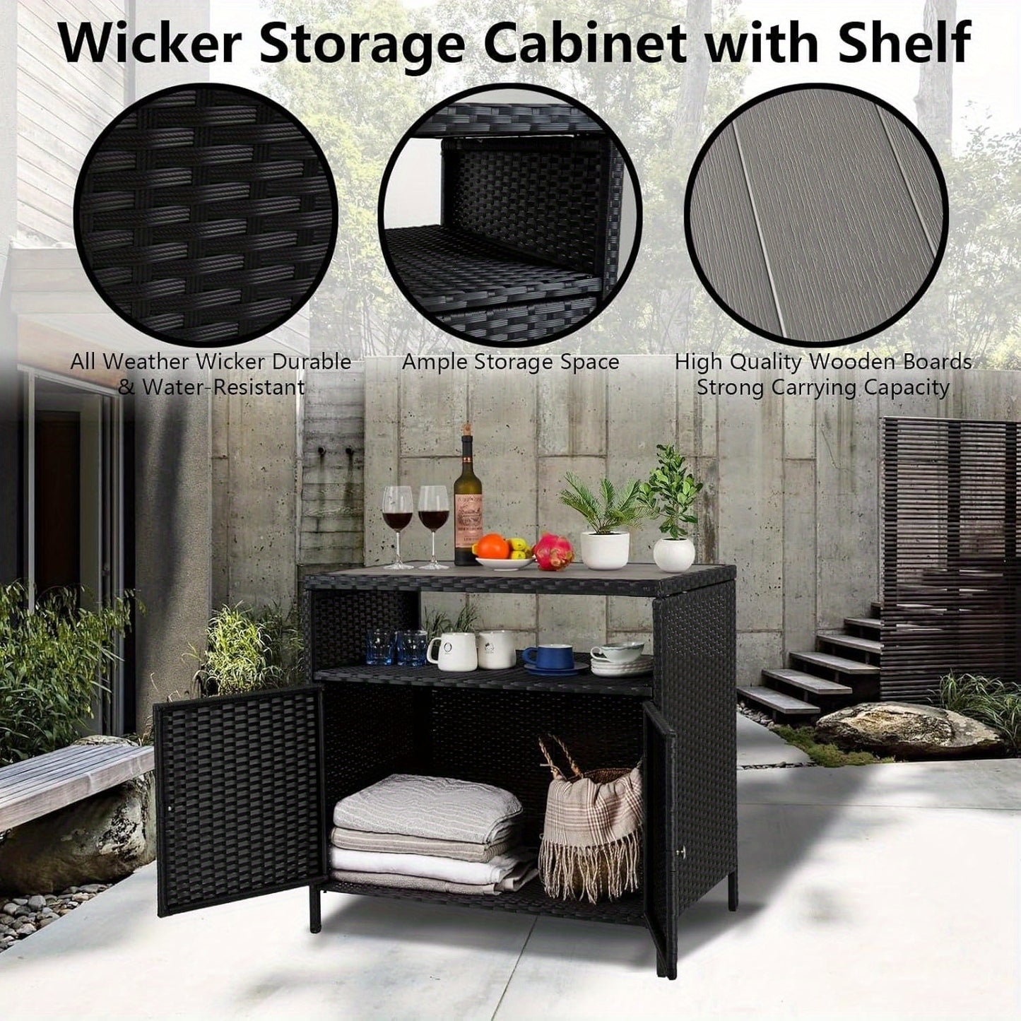 Wicker Opbergkast Buiten – Buitenmeubel – Tuinkast – Bar Tafel – Opbergtkast – Weerbestendig Wicker – Compact Design – Praktische Plank – Grijs