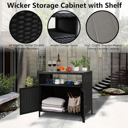 Wicker Opbergkast Buiten – Buitenmeubel – Tuinkast – Bar Tafel – Opbergtkast – Weerbestendig Wicker – Compact Design – Praktische Plank – Grijs