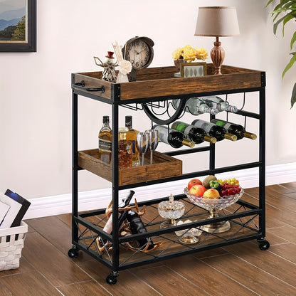 Vintage Industrieel Barwagen – Bar Cart – Serveerwagen – Wijnrek Trolley – Keukenwagen – 85x40x90 cm – Met 8 Wijnrekken en Glashouder – Mobiel Met Wieltjes – Bruin Hout Afwerking