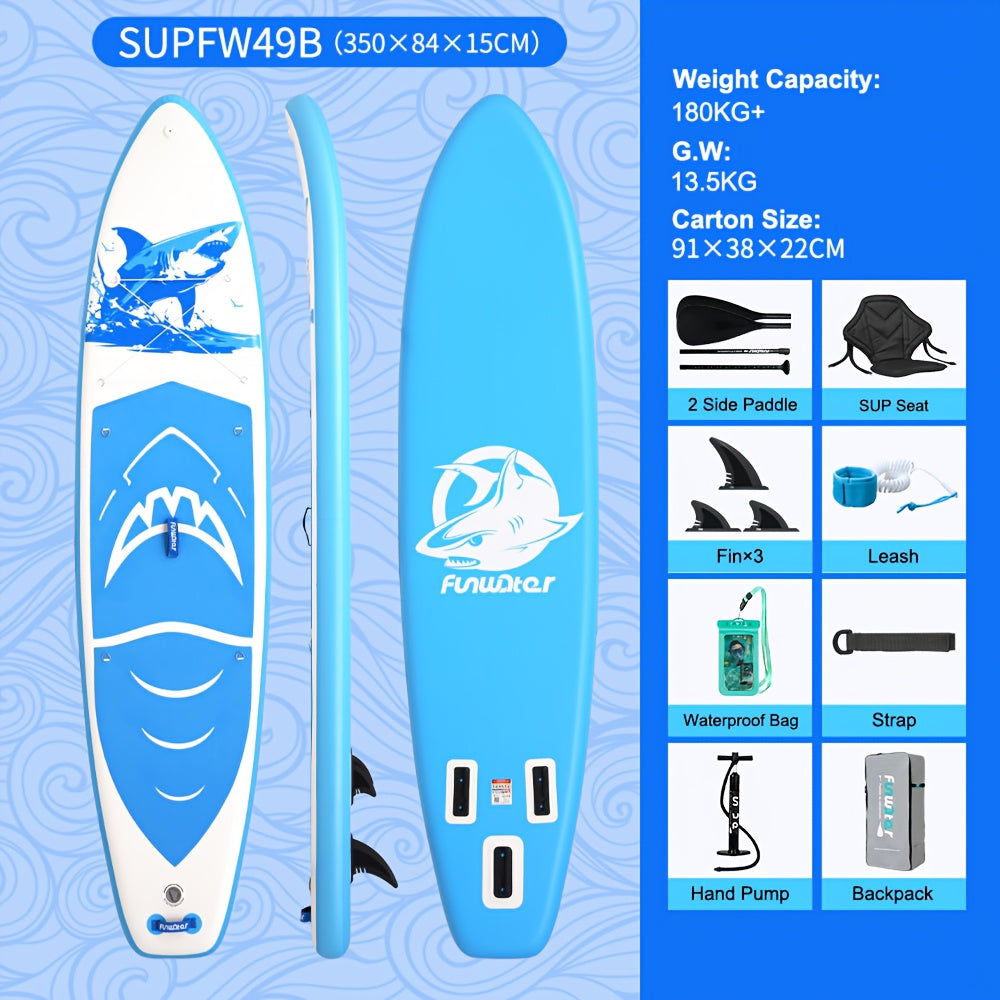 Opblaasbaar SUP Board – Paddleboard – Stand Up Paddleboard – Inflatable Board – SUP Surfboard – 350x84x15 cm – Hoogwaardig PVC – Blauw-Wit Haai Design