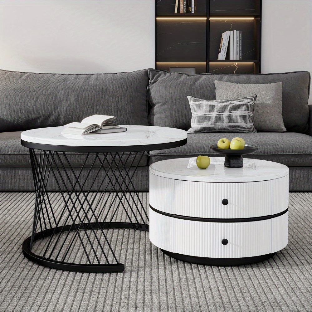 Salontafel Set – Koffietafel Set – Bijzettafel Set – Nestbare Tafels – Ronde Salontafels – Hoogglans Marmerlook – 2 Drawers – 60x60 & 50x50 cm - Wit