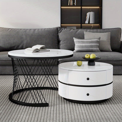 Salontafel Set – Koffietafel Set – Bijzettafel Set – Nestbare Tafels – Ronde Salontafels – Hoogglans Marmerlook – 2 Drawers – 60x60 & 50x50 cm - Wit