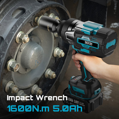 Accu Momentsleutel – Slagschroevendraaier – Draadloze Impact Wrench – Elektrische Boutenlichter – Accuboormachine – 1600 Nm Koppel – 2x 5000mAh Batterijen – 3 Versnellingen