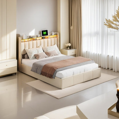 Bed – Bedframe – Slaapbed – Opbergbed – Boxspring – Gestoffeerd Met Velvet – 140x200 cm – LED Verlichting en USB Oplaadpoort