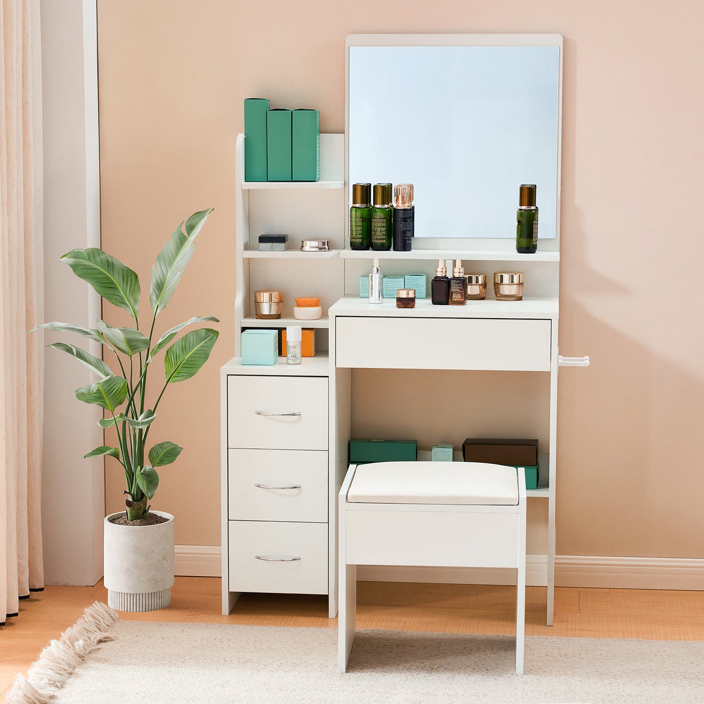 Kaptafel – Make-up Tafel – Dressing Table – Schminktisch – Vanity Table – Wit – 4 Laden Opbergruimte – Ingebouwde Föhnhouder