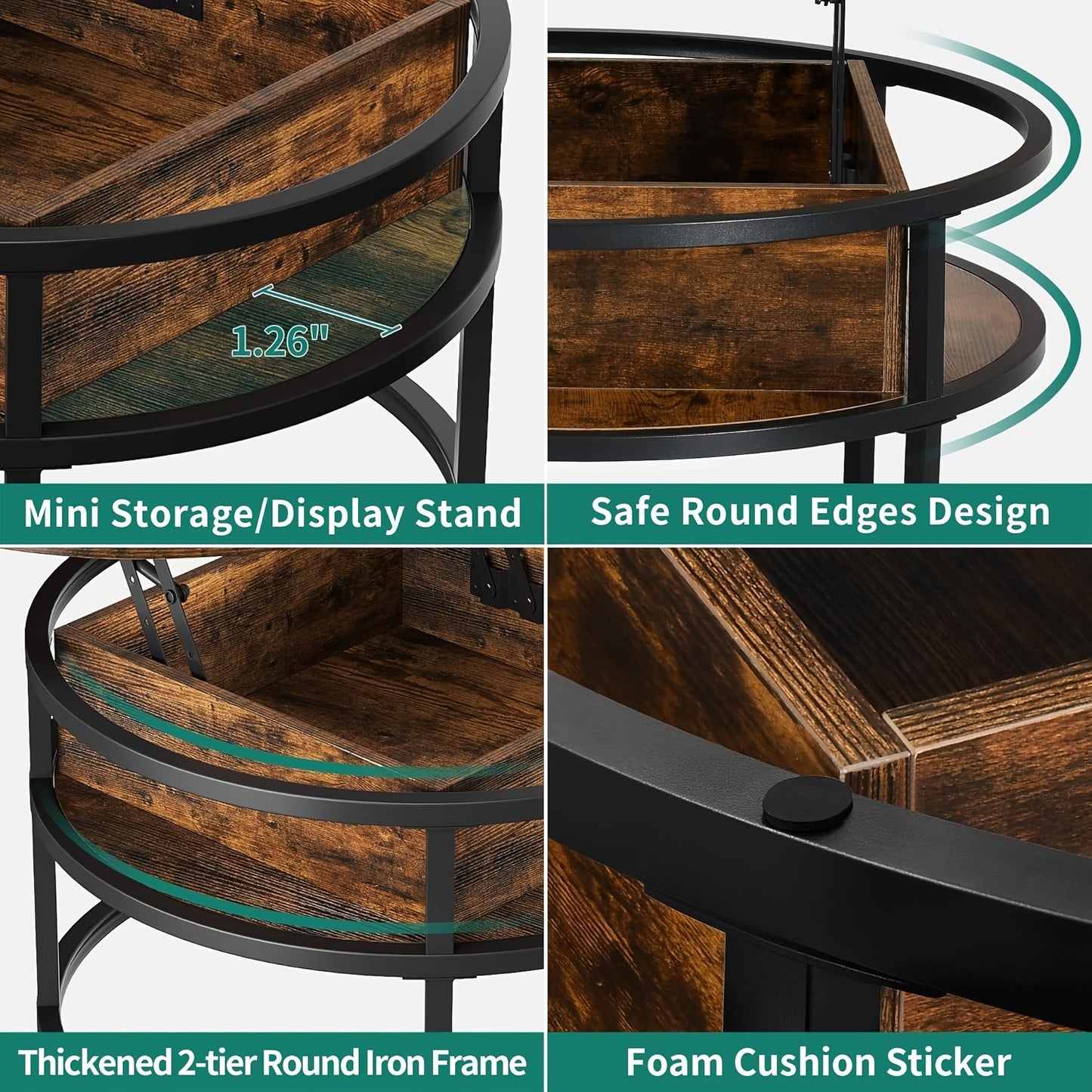 Ronde Salontafel – Koffietafel – Bijzettafel – Woonkamertafel – Opbergtafel – Met Verborgen Opbergruimte – Lift-Top Design – Geperst Hout Met Metaal