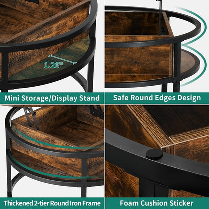 Ronde Salontafel – Koffietafel – Bijzettafel – Woonkamertafel – Opbergtafel – Met Verborgen Opbergruimte – Lift-Top Design – Geperst Hout Met Metaal