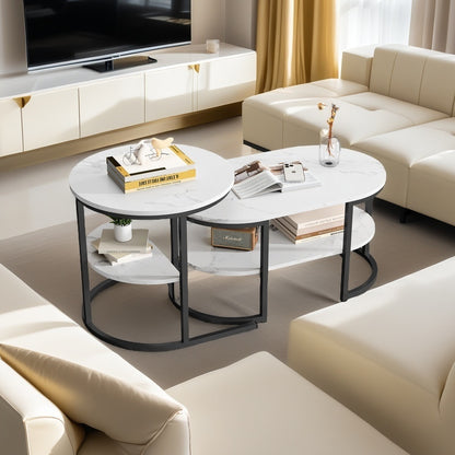 Bijzettafels – Koffietafel – Salontafel – Woonkamertafel – Opbergtafel – Set van 2 Ronde en Ovale Tafels – Houten Blad en Stabiel Metalen Frame