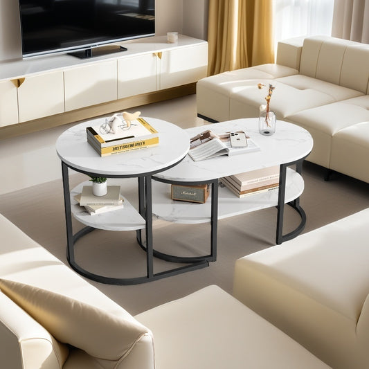 Bijzettafels – Koffietafel – Salontafel – Woonkamertafel – Opbergtafel – Set van 2 Ronde en Ovale Tafels – Houten Blad en Stabiel Metalen Frame