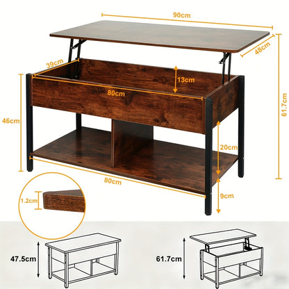 Salontafel – Koffietafel – Bijzettafel – Woonkamertafel – Tafel – Verstelbaar Lift-Top – 3 Niveaus Verborgen Opbergruimte – Compact 90x48x62 cm – Stevige Basis