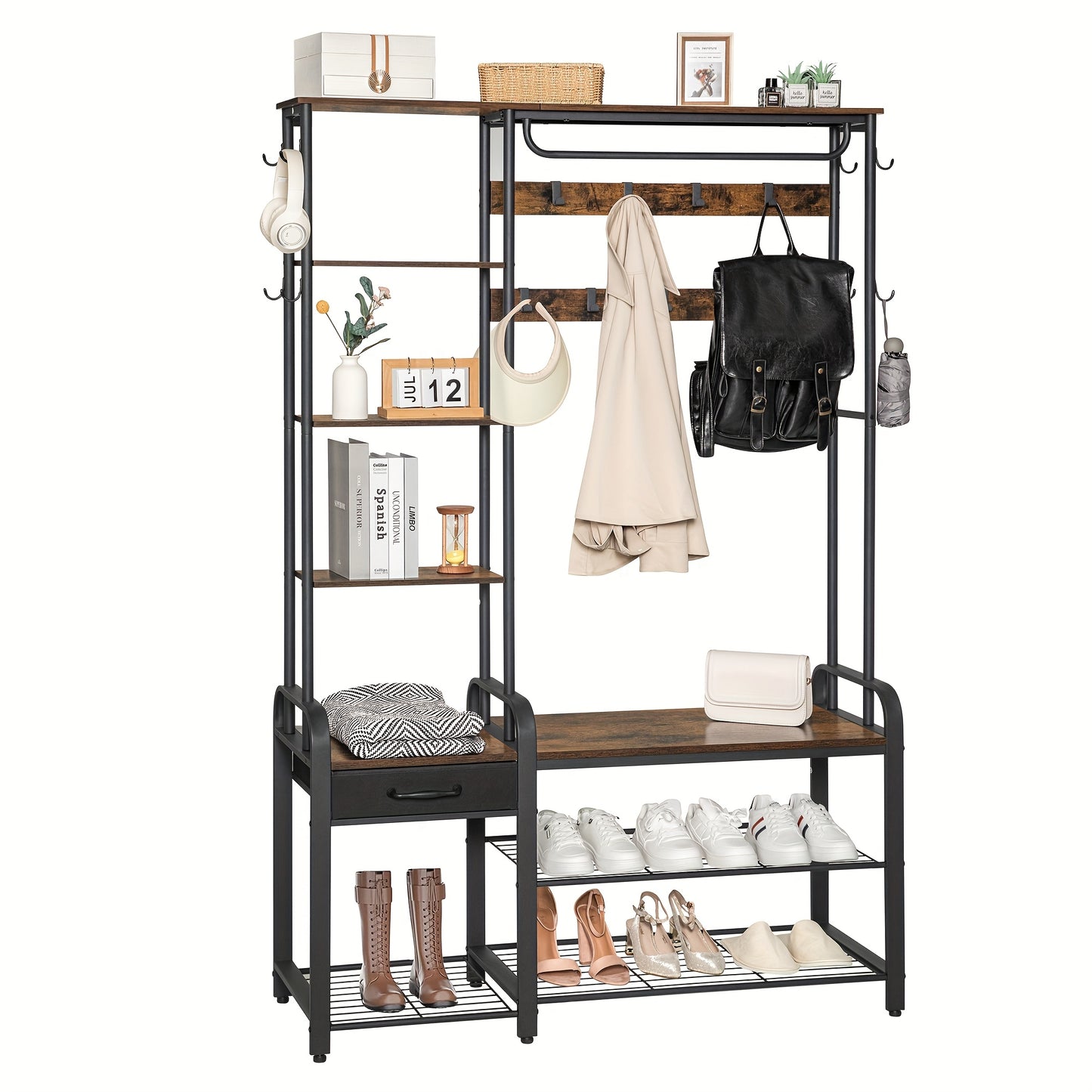 Hall Tree, Coat Rack With 3-Tier Storage Bench And 1 Drawer, 5-in-1 Entryway Bench With 17 Hooks, 1 Hanging Rod, 4-Tier Side Shelves, Rustic Brown