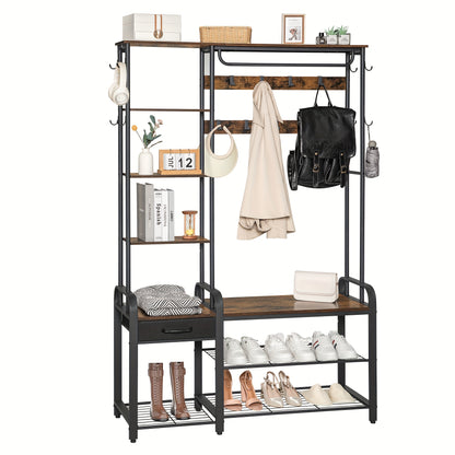 Hall Tree, Coat Rack With 3-Tier Storage Bench And 1 Drawer, 5-in-1 Entryway Bench With 17 Hooks, 1 Hanging Rod, 4-Tier Side Shelves, Rustic Brown