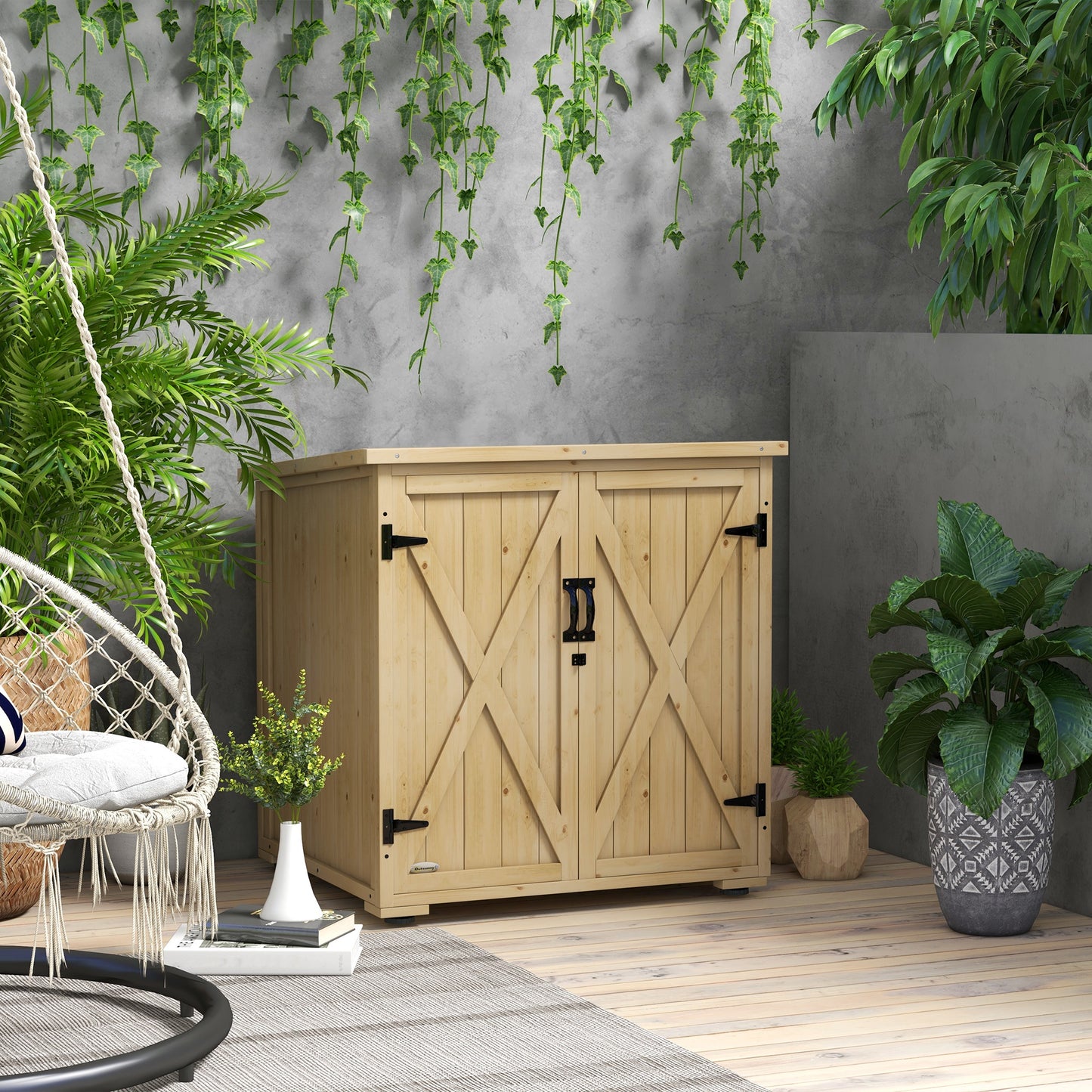 Tuinkast – Tuinkist – Opbergkast – Gereedschapsschuur – Houten Buitenberging – Verstelbare Planken – Waterdicht Bitumen Dak – Massief Voorgeolied Dennenhout – 77,5x88x83/90 cm