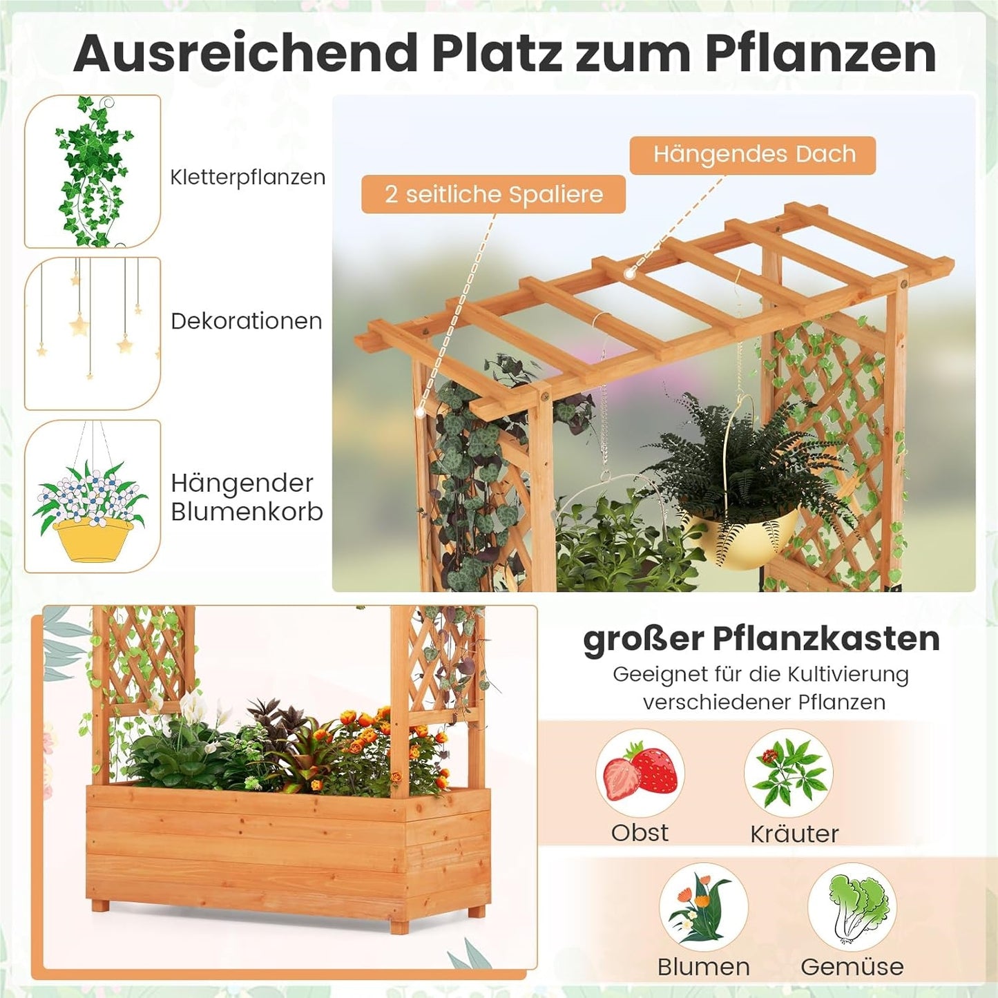 Houten Plantenbak – Verhoogde Tuinbak – Bloembak – Kruidenbak – Klimplantenbak – Met Klimhulp en Hangdak – Stevig Dennenhout – Waterafstotend Oranje 110x44x182 cm