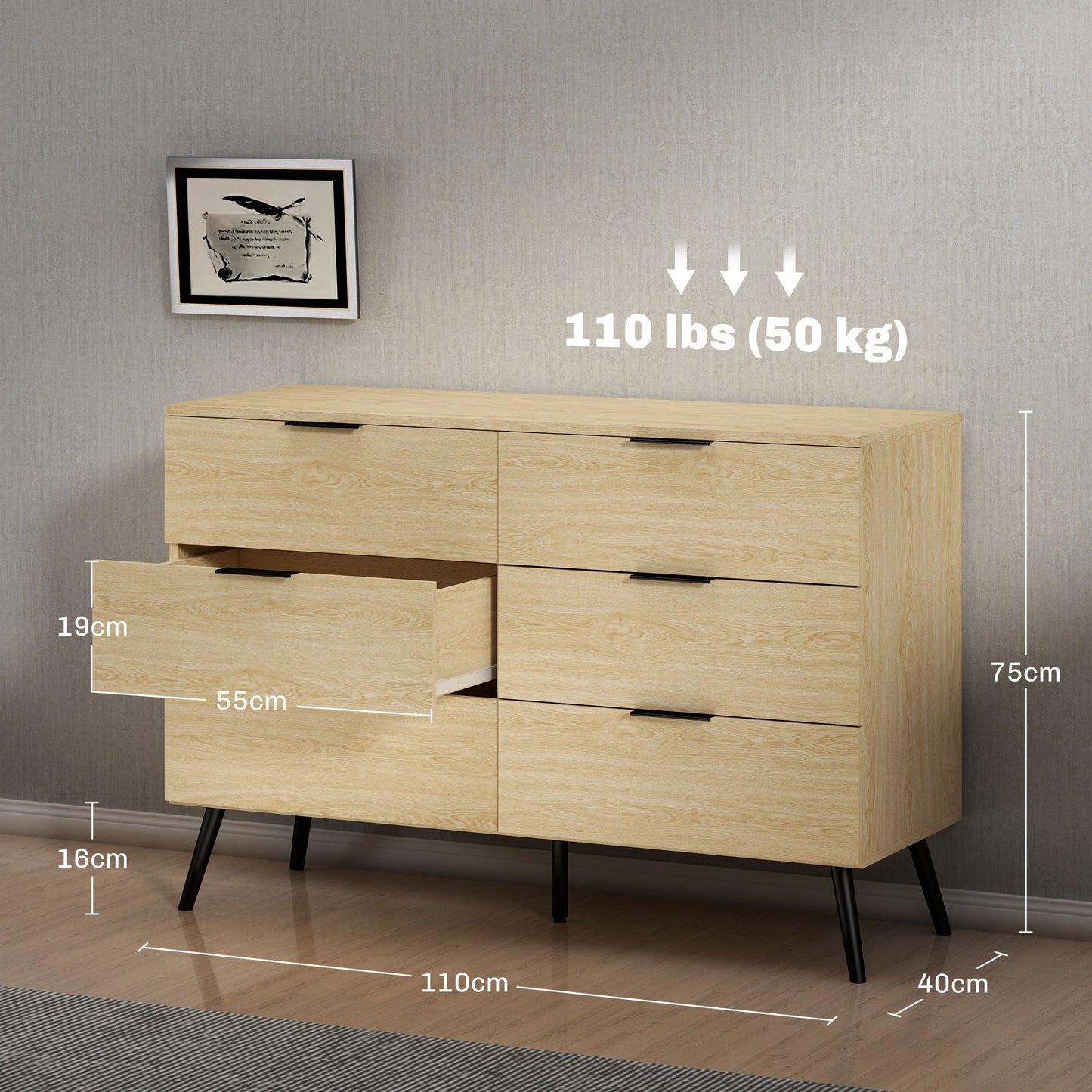 Ladekast – Ladenkast – Dressoir – Commode – Opbergkast – 6 Lades – Anti-Kantel Systeem – Houtnerf Design – 110x40x75 cm