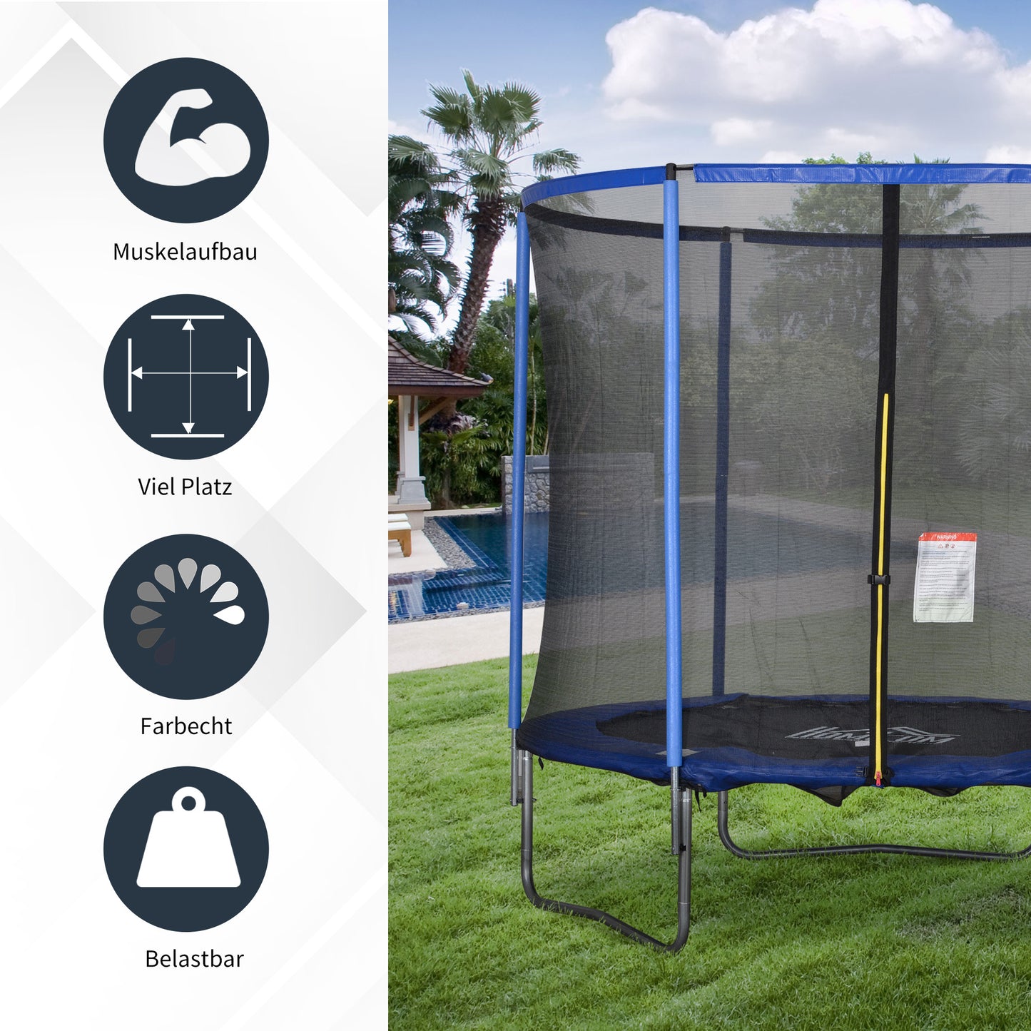 Trampoline – Springkussen – Fitness Trampoline – Tuin Trampoline – Binnen Trampoline – Veiligheidsnet Rondom – Draagvermogen 113,6 Kg – Ø244 x 240 Cm Steel Blue & Zwart
