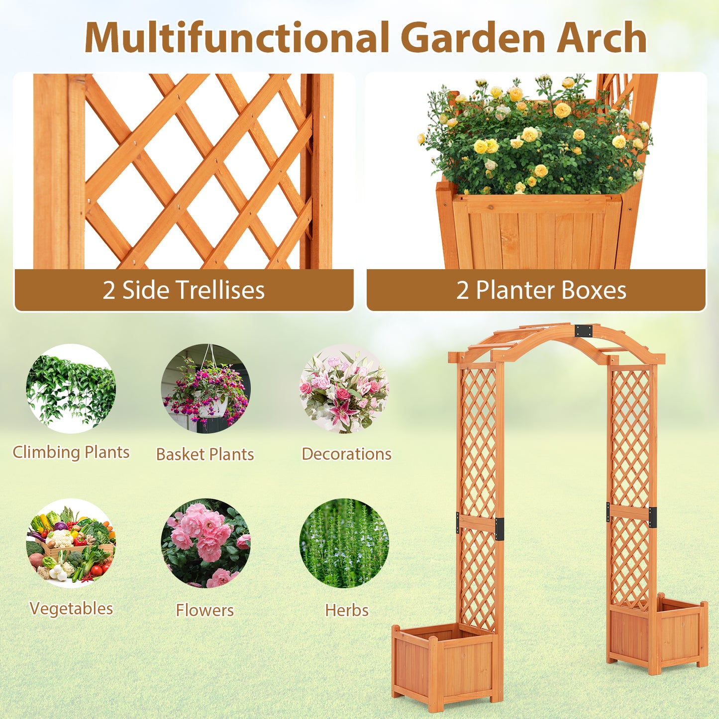 Tuinboog – Houten Boog – Klimplanten Boog – Pergola Tuin – Plantentunnel – Natuurlijk Vurenhout – Met Plantenbakken en Drainage – 201 cm Hoog